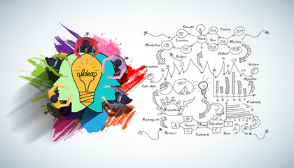 Businessman and Lady Brainstorm  for Success with Human head Light bulb two heads ,business plan  data  - Creativity modern Idea and Concept illustration.