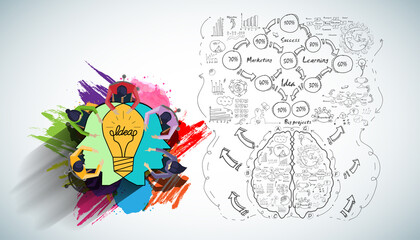 Businessman and Lady Brainstorm  for Success with Human head Light bulb two heads ,business plan  data  - Creativity modern Idea and Concept illustration.