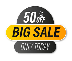 Icon, sticker, badge with text Big Sale discount 50 percent off with yellow-orange and black-gray gradient and shadow isolated on white background. 