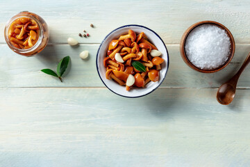 Pickled mushrooms. shot from the top with salt, pepper, garlic, and a bay leaf, with a place for text on a rustic wooden background