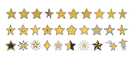 Set of yellow hand drawn doodle stars