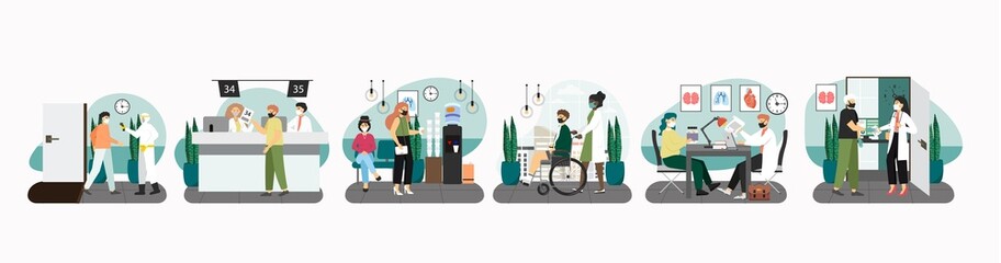 Hospital scene set, flat vector illustration. Patients in reception, doctor therapist office. Medical care for disabled.