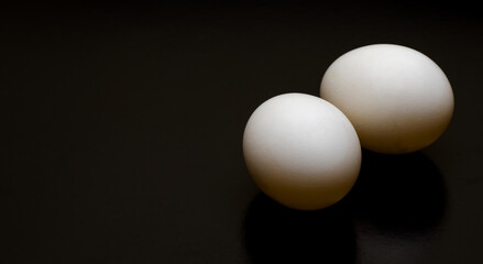 Two white eggs on a dark background with copy space