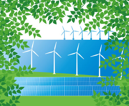 木の葉と再生可能エネルギーの太陽光パネルと風力、海洋発電のイラスト
