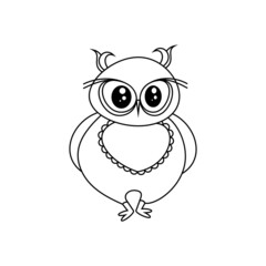 Hand drawn cute owl on a white background, a tambourine. Line drawing for kids coloring. Vector, illustration
