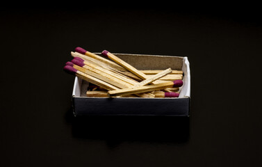 Few scattered matchsticks above a small box on dark background