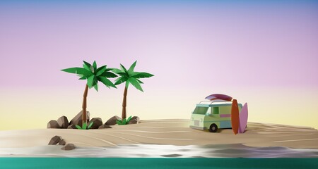 Sunny tropical beach with van and surf.3D rendering