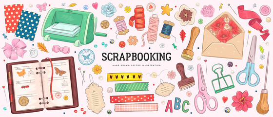 Collection of hand drawn art supplies for scrapbooking isolated on background. Vector illustration - obrazy, fototapety, plakaty