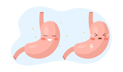 Smiling healthy stomach and sad sick stomach character. Violation of digestive system, gastritis and other stomach diseases. Cartoon modern flat vector illustration isolated on white background