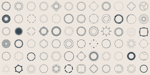 Set of geometric circle shapes, borders, frames, logos. Line and silhouette design, vector illustration - 452429083
