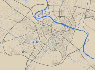 Detailed map poster of Zaragoza city, linear print map. Cityscape urban panorama.