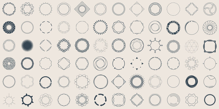Set of geometric circle shapes, borders, frames, logos. Line and silhouette design, vector illustration