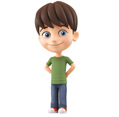 Shy cartoon character little boy. 3d render illustration.
