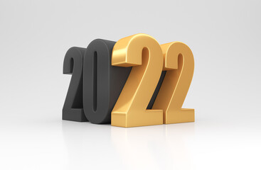 Black and gold inscription 2022 on a white background. 3d render illustration. Happy New Year 2022.