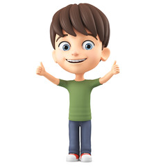 Cheerful cartoon character little boy showing two thumbs up on white isolated background. 3d render illustration.