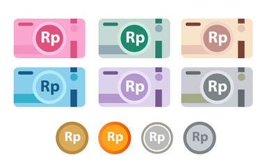 Rupiah money icon set of IDR bank notes coin and cash paper in many color vector