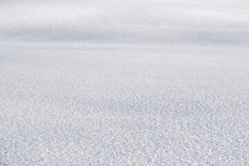 Background of fresh snow texture in blue tone. Snow texture. White texture with copy space. Fresh snow in the alps. Copy space of a sleek white background.