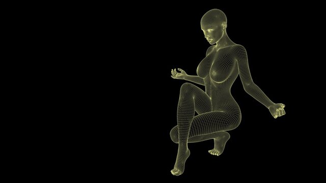 Woman practicing yoga, naked dummy seating in Toe stand pose. Balance exercise. Meditation concept. 3D wireframe rendering illustration on black background.