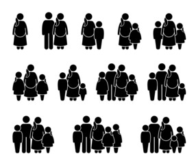 Pregnant mother with different family members stick figure pictogram icons. Vector illustrations of a pregnant mother with husband, son, daughter, and children standing together.