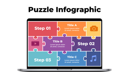 Macbook mock up. Puzzle laptop infographic slide template. Electronic device presentation. User interface and experience notebook screen. 