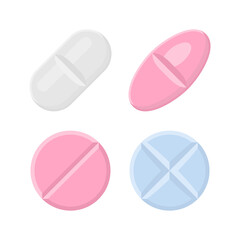Pills and drugs vector colorful realistic single icon set. Different shapes of pills.