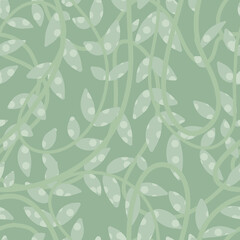 Seafoam grünes nahtloses Muster mit handgezeichneten Blättern und Lianenzweig