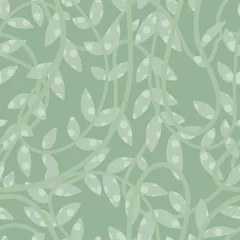 Selbstklebende Fototapete Grün Seafoam grünes nahtloses Muster mit handgezeichneten Blättern und Lianenzweig