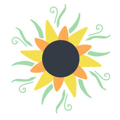 Yellow summer flower, sunny flower, sunflower silhouette in a flat style, cartoon illustration, icon on an isolated white background, vector illustration, Print