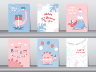 Set of cute  birthday cards,poster,template,greeting cards,animals,dinosaurs,Vector illustrations.