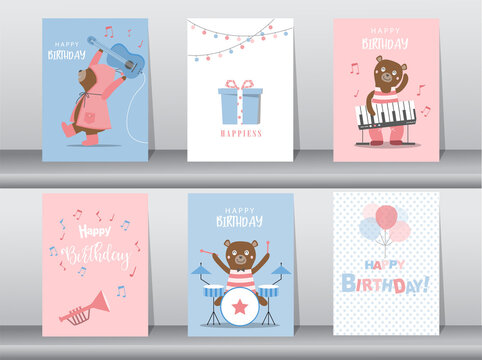 Set of birthday cards,poster,invitation card,template,greeting cards,animals,bears,cute,Vector illustrations.