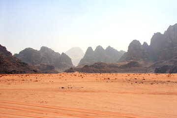 Fototapeta na wymiar Sand and rocky mountains, Wadi Rum desert, Jordan