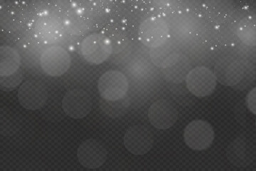 Light effect of dust. Golden stars shine with a special light. The light sparkles on a transparent background. Christmas bright dust effect.