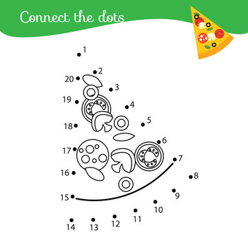 Connect the dots. Dot to dot by numbers activity for kids and toddlers. Children educational game. Draw pizza