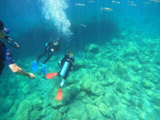 Tourists scuba dive Mediterranian Sea. Marmaris,Turkey.