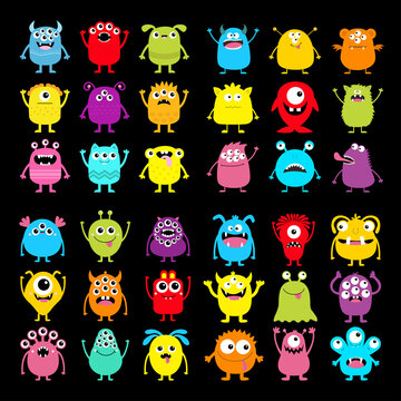 Monster icon super big set. Happy Halloween. Cute cartoon kawaii baby character. Funny head face colorful silhouette. Eyes horn teeth fang tongue. Hands up, down. Flat design. Black background.