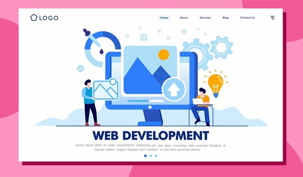 Web development. programming languages. css, html, it, ui. programmer cartoon character developing website, coding. flat illustration banner