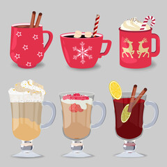 Super cute set of coffee cups, with different types of drinks, cappuccino, cocoa, mulled wine and colorful decorations. Isolated.