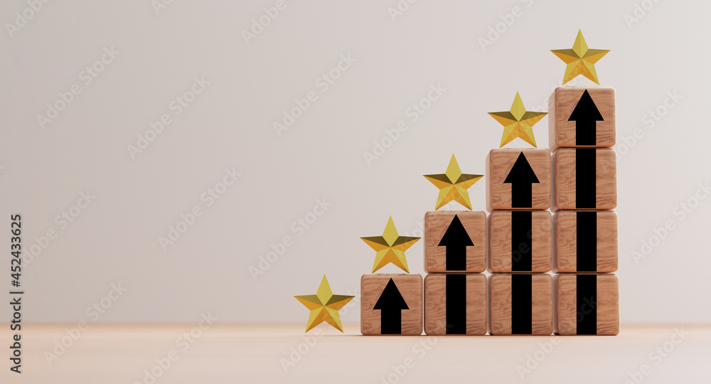 Poster golden five stars on wooden stacking with rise up arrow for client excellent rating and customer eva