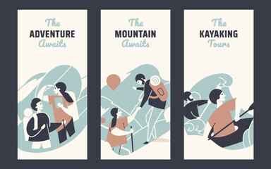 Hiking and camping retro signs collection. Outdoor activities vintage posters set. Wilderness and adventures vector illustration