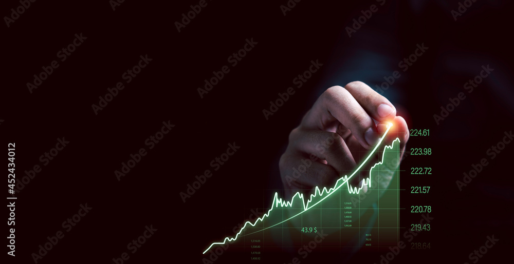 Poster businessman drawing increasing virtual investment graph and chart for stock market analysis trend an