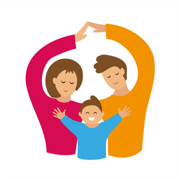 Vector illustration of a small family. Mom, dad and baby, son opens his arms. Happy family holds hands in the shape of a heart, hugs. Cohesion, love and support