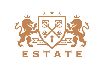 Luxury Lion key estate logo. Elegant heraldic shield crest icon. Premium coat of arms symbol. Royal heraldry emblem. Vector illustration.