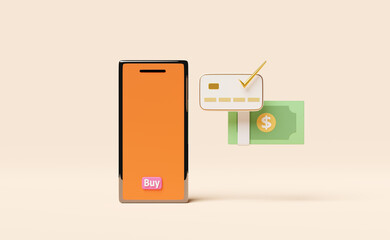 orange mobile phone,smartphone with credit card check,dollar banknote,buy label tag isolated on beige background. Internet banking,online shopping concept,3d illustration or 3d render