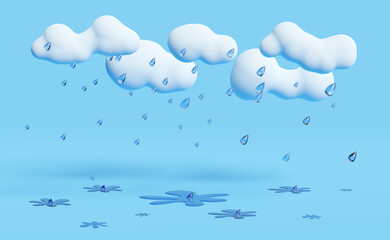 Cloud and rain with water splash in the rainy season isolated on blue sky background, concept 3d illustration or 3d render.