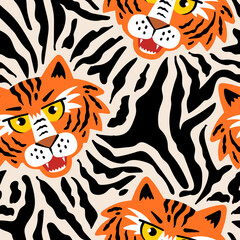 Vector seamless pattern with cartoon tigers. Colorful background on the theme of animals, nature, wildlife