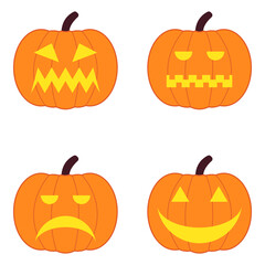 Halloween logo set of pumpkin. Sticker pack of 4 jack o lanterns. Eps 10 vector halloween logo. Colorful pumpkin icons for your cards, illustrations, projects, invitations. 
