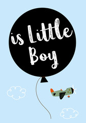 is a little boy new born baby annoucement card with balloon and airplane cartoon vector