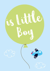 is a little boy new born baby annoucement card with balloon and airplane cartoon vector