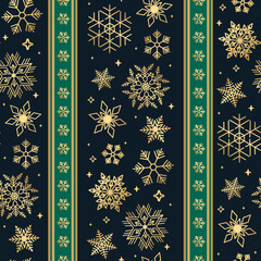 Seamless ribbon with Christmas golden snowflake pattern