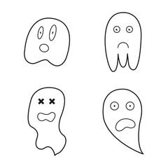Simple flat ghost illustration. Halloween vector icons set. Cute cartoon characters. Big set of halloween ghosts logos.